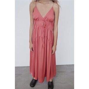 Zara | Satin Tiered Pink Maxi Dress Size XS